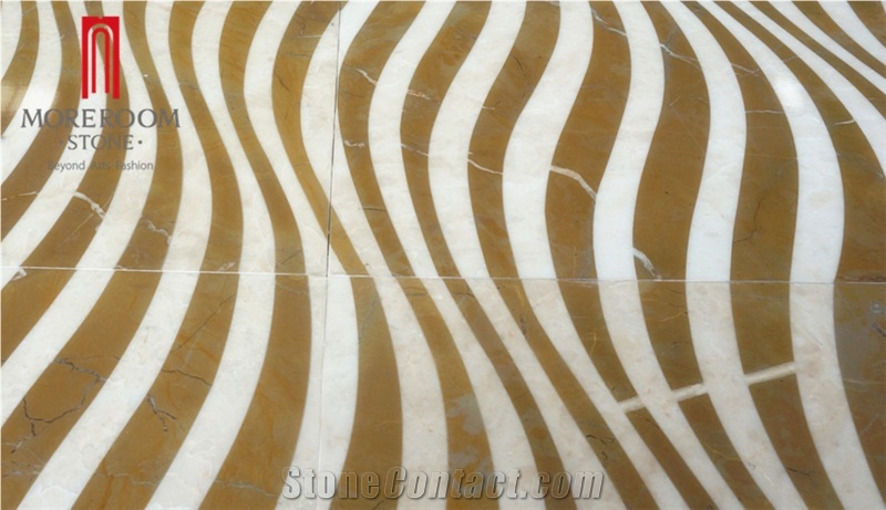 Turkey Latte Beige Marble Watejet Lamianted Marble Inlay Panel Wave Design with Ceramic Backing