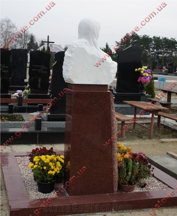 Leznykivske Red Granite Memorial Tombstone with White Marble Bust