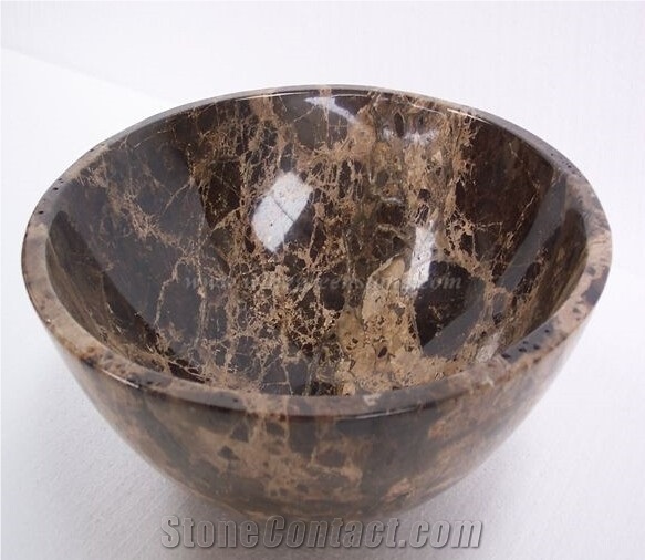 Dark Emperador Marble Vanity Sink, Brown Natural Marble Sinks, Round Wash Basins