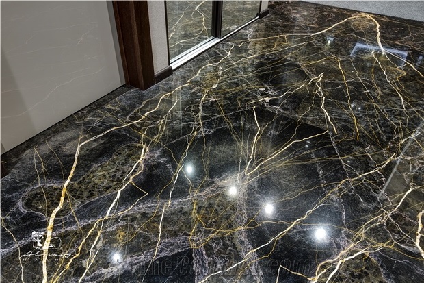 Golden Black Marble Floor Tiles, Black Granite for Floor Covering Tiles Iran