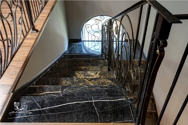 Kashan Golden Black Marble Staircase, Black Marble Stairs & Steps Iran