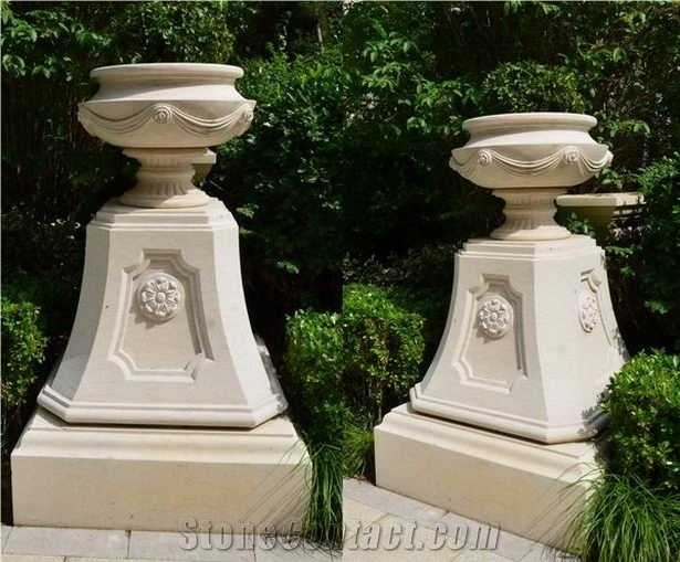 Beige Marble Garden Carved Flower Pot, Natural Stone Outdoor Flower Vases, Landscaping Stone Pots, Galala Beige Marble Flower Vases
