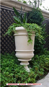 Beige Marble Garden Flower Pots, Exterior Landscaping Stones Round Flower Vases, Outdoor Oval Flower Stand, Planter Pots