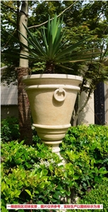 Beige Marble Garden Flower Pots, Landscaping Stone Exterior Flower Vases, Outdoor Flower Stand, Planter Pots