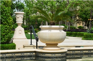 Beige Marble Garden Round Flower Pots, Landscaping Stones Exterior Flower Vases, Outdoor Oval Flower Stand, Planter Pots