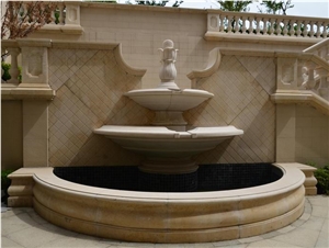 Beige Marble Garden Sculptured Fountains, Exterior Landscaping Stones Water Features, Outdoor Wall Mounted Fountain, Ball Fountains