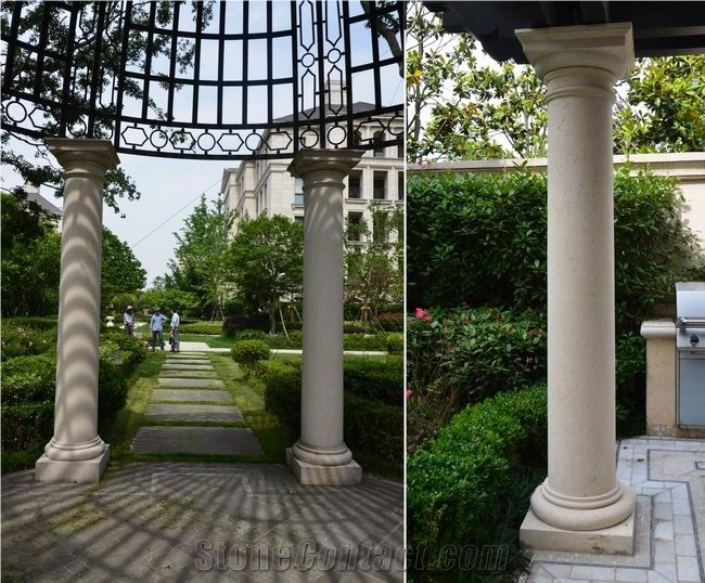 Beige Marble Garden Sculptured Roman Columns, Outdoor Architectural Columns, Exterior Landscaping Stones Column Tops & Bases