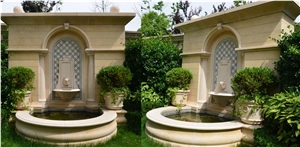 Beige Marble Garden Sculptured Water Fountains, Landscaping Stones Exterior Ball Fountain, Outdoor Water Features, Wall Mounted Fountains