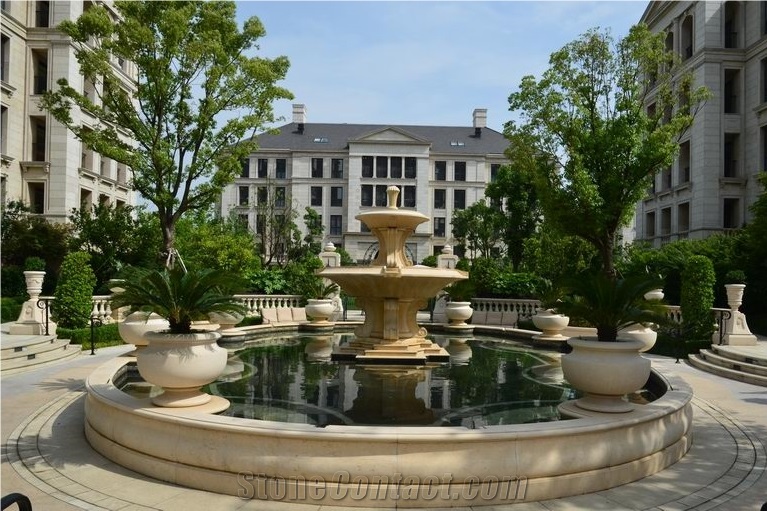 Beige Marble Garden Water Fountains, Exterior Sculptured Fountain with Flower Pot, Outdoor Water Features
