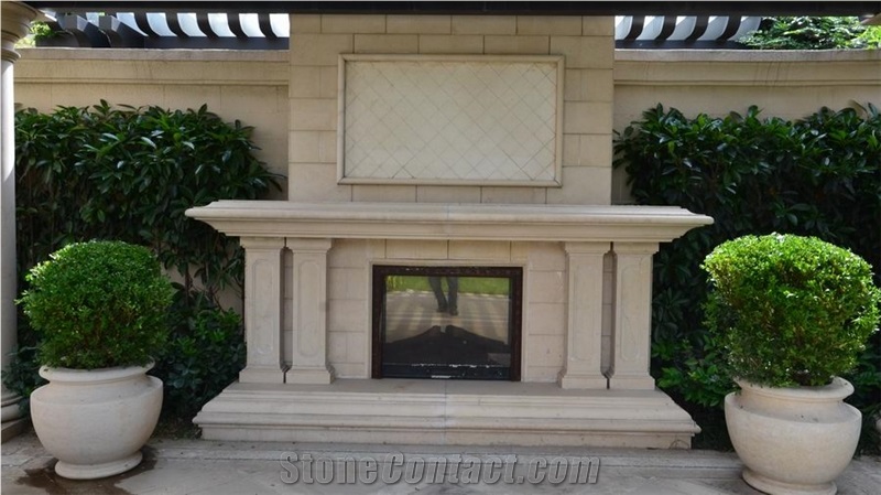 Beige Marble Outdoor Fireplace Decorating, Exterior Landscaping Stones Fireplace Design Ideas, Fireplace & Cover, Galala Beige Marble Fireplace Design Ideas