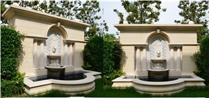 Beige Marble Outdoor Water Features, Garden Landscaping Stones Sculptured Fountains, Exterior Wall Mounted Fountain
