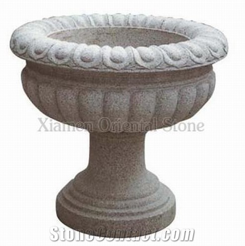 China Granite Outdoor Flower Pots, Garden Landscaping Stones Flower Vases, Exterior Planters, Carving Planter Pots, Flower Stand, Sesame White Grey Granite Exterior Planters