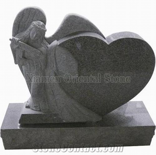 China Grey Padang Dark Granite Heart Carving Headstones, Cemetery Engraved Tombstones, Western Style Single Monuments, Memorial Stone Gravestones, Custom Tombstone Monument Design
