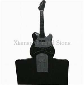 China Hebei Black Granite Cemetery Guitar Carving Headstones,Stone Engraved Tombstones, Western Style Single Monuments, Memorial Gravestones, Custom Tombstone Monument Design
