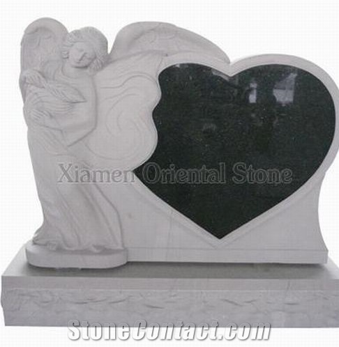 China White Pepper White Granite Angle Carving Headstones, Cemetery Heart Engraved Tombstones, Western Style Single Monuments, Memorial Black Stone Gravestones, Custom Tombstone Monument Design