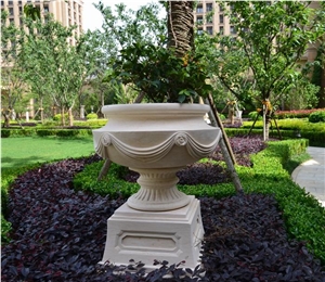 Egypt Beige Marble Garden Flower Pots, Landscaping Stones Exterior Flower Vases, Outdoor Planter Pots, Flower Stand