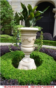 Galala Beige Marble Garden Outdoor Flower Pots, Landscaping Stones Flower Vases, Exterior Round Flower Pot, Flower Stand
