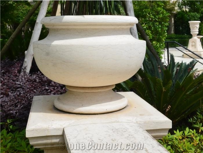 Galala Beige Marble Garden Oval Flower Pots, Exterior Landscaping Stones Round Flower Vases, Outdoor Flower Stand Planter Pots