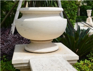 Galala Beige Marble Garden Oval Flower Pots, Exterior Landscaping Stones Round Flower Vases, Outdoor Flower Stand Planter Pots
