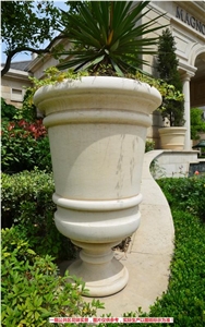 Galala Beige Marble Outdoor Flower Pots, Landscaping Stones Exterior Round Flower Vases, Garden Flower Stand, Oval Planter Pots