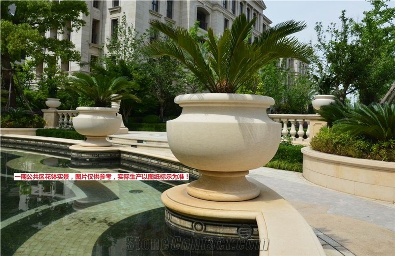 Garden Beige Marble Oval Flower Pots, Outdoor Landscaping Stones Round Flower Vases, Exterior Planter Pots, Flower Stand Pot