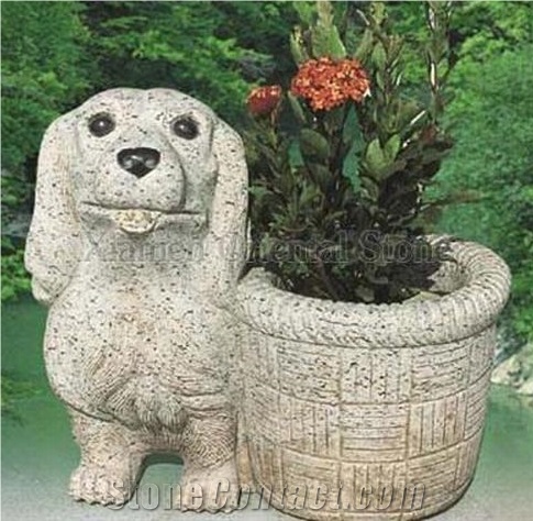Grey Granite Outdoor Carving Flower Pots, Exterior Landscaping Stones Flower Vases, Garden Planter Pots, Flower Stand, Dog Sculpture