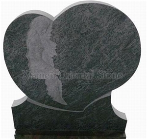 Verde Candeias Granite Cemetery Heart Carving Tombstones, Natural Stone Engraved Headstones Gravestone, Western Style Single Monuments, Custom Tombstone Monument Design