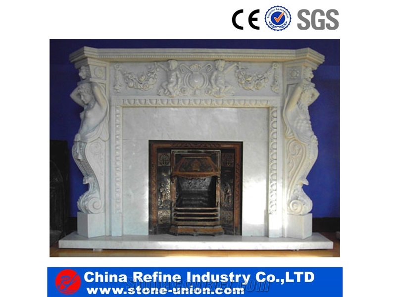 Hot Sale Fashion Designed Fireplace Carved Statue, White Marble Sculpture Fireplace for Sale, Wholesale White Decorated Interior Fireplace Handcraft Carving