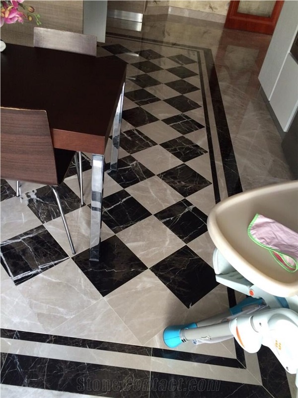 Alexandrette Black Marble Floor Pattern, Waterjet Inlay