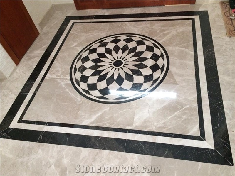 Alexandrette Black Marble Floor Pattern, Waterjet Inlay