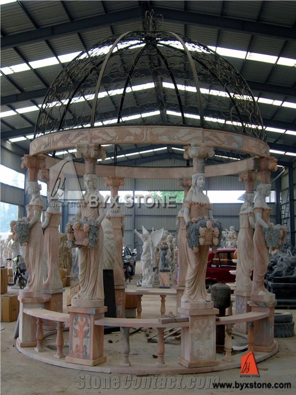 Marble Garden Stone Gazebo with Iron Roof for Outdoor Decoration, Wanxia Red Pink Marble Gazebo