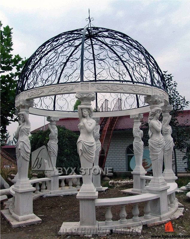 White Marble Garden Gazebo Iron Roof with Sculpture Pillars, Hunan White Marble Garden Gazebo