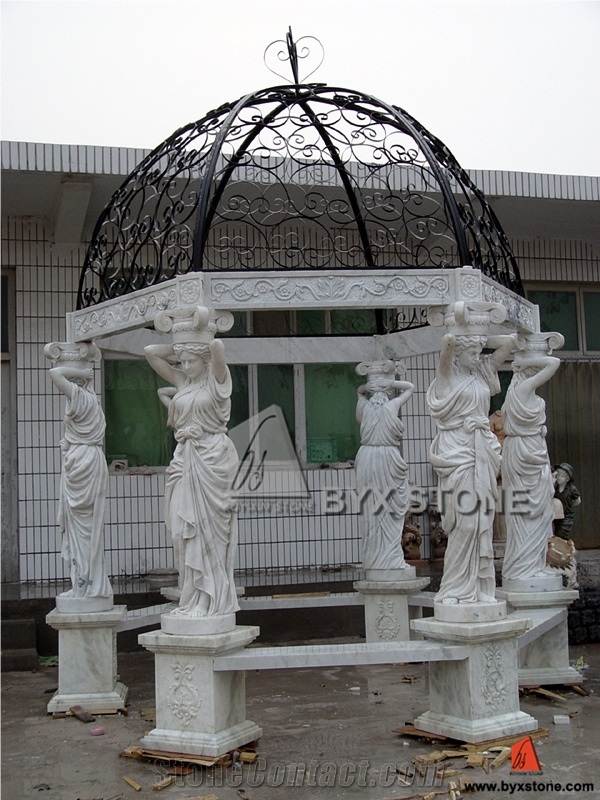 White Marble Gazebo with Cast Iron Roof for Out Decoration, Hunan White Marble Gazebo