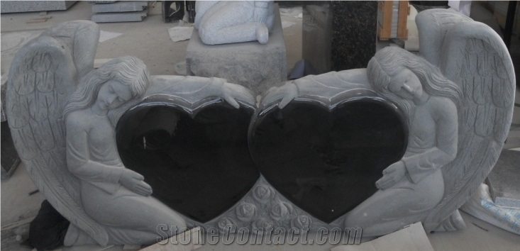 Absolute Black Granite Monument with Double Angels & Hearts Design,Western Style Monuments with Engrave, Shanxi Black Granite Angel Heart Double Headstones
