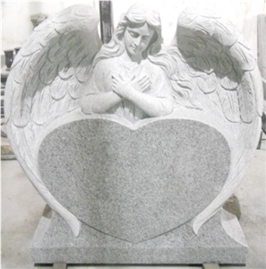 G603 Granite Monument with Angels & Hearts Design,Western Style Single Monuments with Engrave, Light Grey Granite Angel Heart Headstones