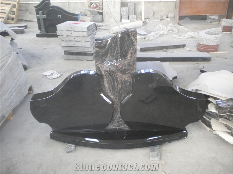 Indian Aurora and Absolute Black Granite Tombstones, Monuments; Composite Monuments for Lithuanian Market, Western Style Monuments Design