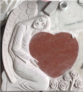 Indian Red Granite Angel Heart Tombstones Design,Western Style Engraved Headstones, Red Granite Monuments Design with Angel & Heart