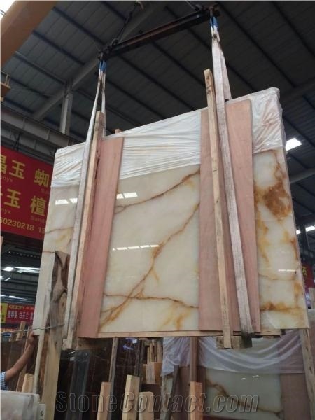 Golden White Onyx Tiles & Slabs, China Golden White Onyx with Pink Lines