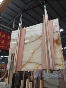 Golden White Onyx Tiles & Slabs, China Golden White Onyx with Pink Lines