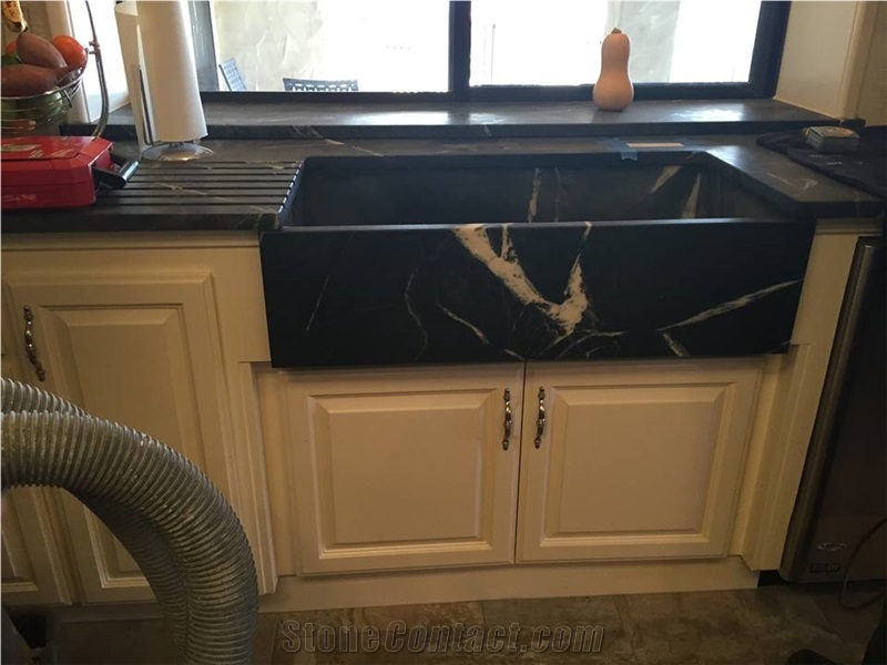 Monte Carlo Soapstone Top with a White Cabinet and Carved Drain Board