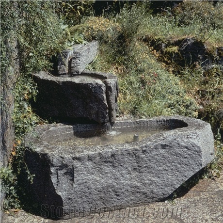 Bodio Nero Solid Block Carved Garden Fountain, Grey Granite Fountain