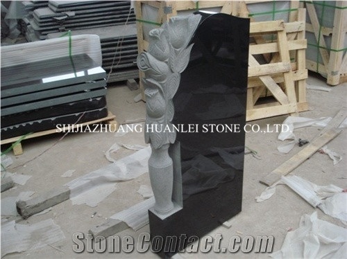 Hebei Black Granite Tombstone, Shanxi Black Granite Monument,Rose Flower Gravestone,Western Style Headstone,Memorial