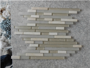 China Beige Marble with Glass Mosaic,Polished Marble+Glass Mosaic,Marble with Glass Linear Strips Mosaic