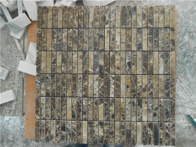 China Dark Emperador Marble Mosaic, China Marron Brown Marble Polished Mosaic,Brown Marble Linear Strips Wall Mosaic,Floor Mosaic
