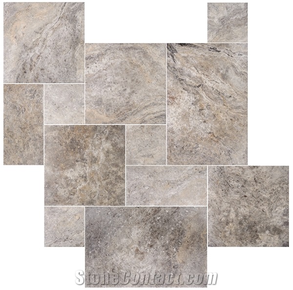 Silver Travertine Tiles, French Pattern (Honed & Filled - Tumbled)