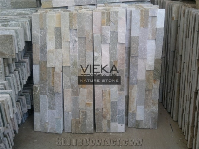 Beige Yellow Slate Mix P014b-5 Culture Stone/Wall Panel/Ledgestone/Stacked Stone/Veneer for Wall Cladding 60x15cm Retangle
