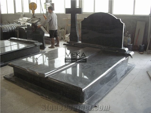 Black Granite Tombstone & Monument,Memorials,Double Gravestone & Cross Headstone Poland Style