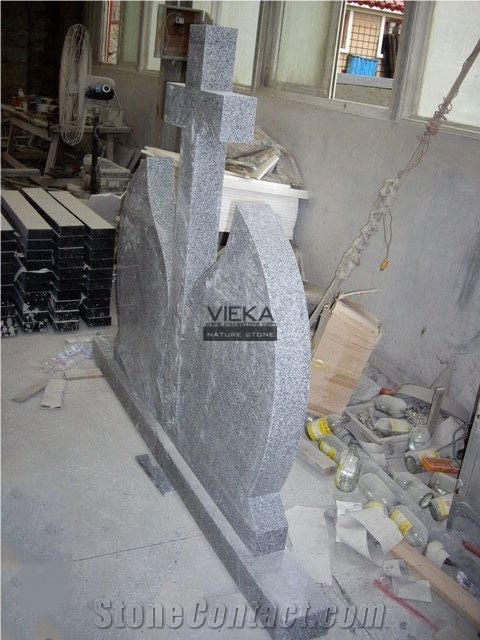 Grey Granite Tombstone & Monument,Memorials,Gravestone & double cross Headstone Romania style