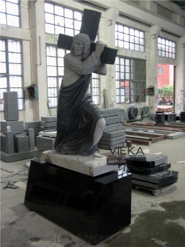 Shanxi Black Granite Tombstone & Monument,Memorials,Gravestone & Jesus Sculpture Cross Headstone Produce for Poland Client