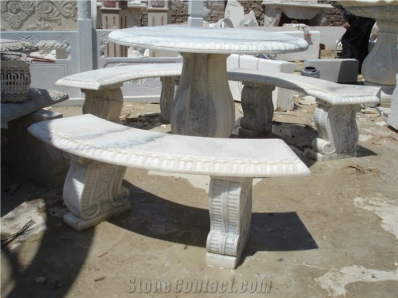 China White Marble Table & Bench